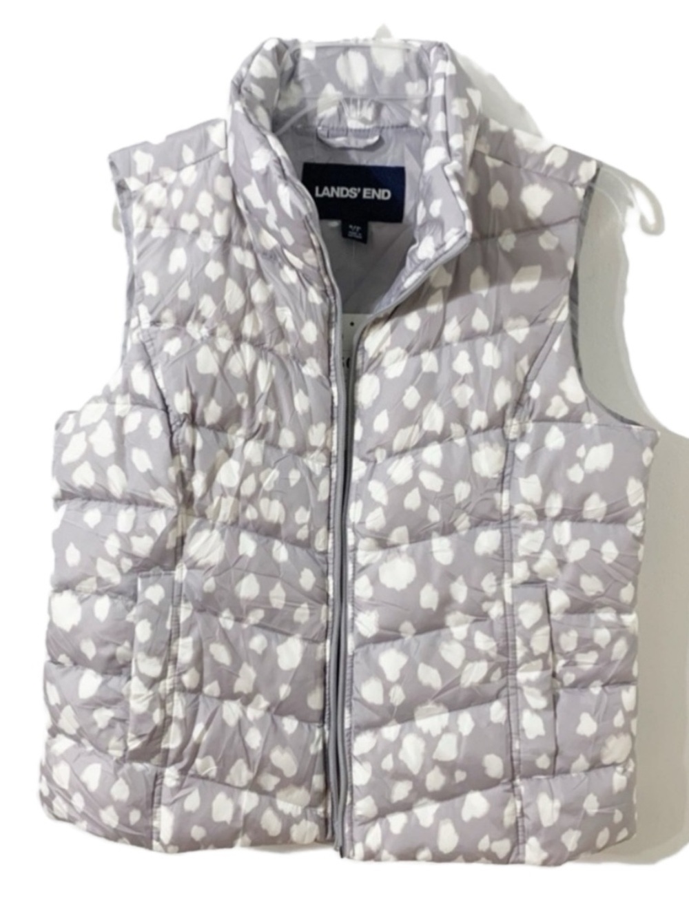 NWT Lands’ End Down Filled Puffer Vest Cloud Grey White Print Lightweight